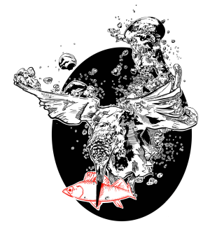 A kingfisher flying in the water picking a red fish.