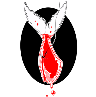 A red glass mermaid tail with a leak due to fishing hook stuck in the side.