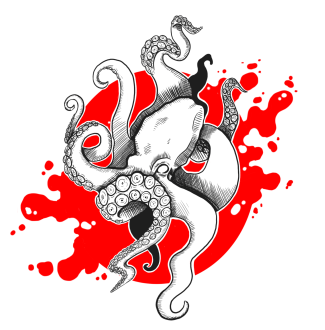 An ooctopus with red splat in the background.