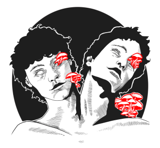 Male conjoined twin heads with mushrooms growing out of them.