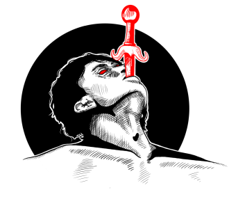 A male sword eater with a red sword in his mouth.